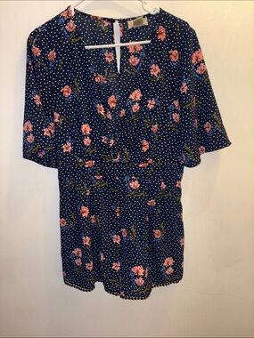 Navy Polka Dot Dress with Pink Floral Print
